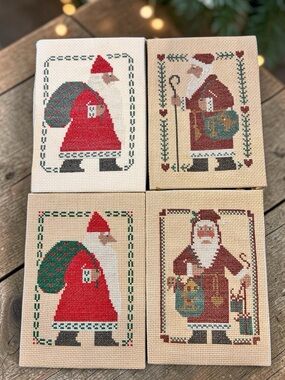 4 vintage Santa clause needle point counted across stitch finished 5 x 7 each